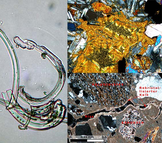 Materials through the microscope: Sodium nitrate salt (left); altered volcanic glass in basalt (top); lime cement mortar with recrystallised calcite