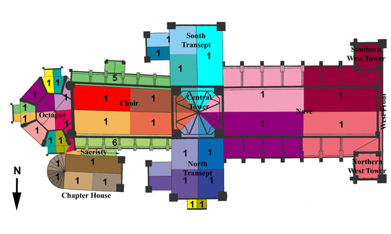 Roof plan for Nidaros cathedral with numbers of downpipes for each section