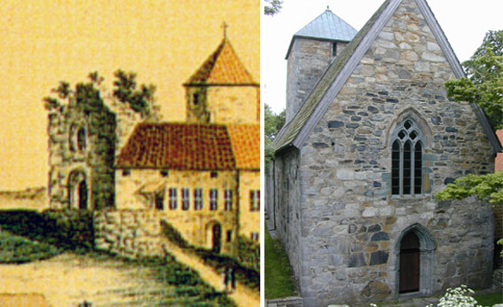 The west wall and portal at Utsein monastery in 1822 (painting by Dreier) and in 2002. Current (salt)weathering is mainly caused by the former lack of roofing.
