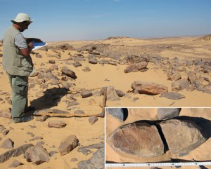 Survey of a probable Predynastic grinding stone quarry. Inserted a typical boat-shaped grinder