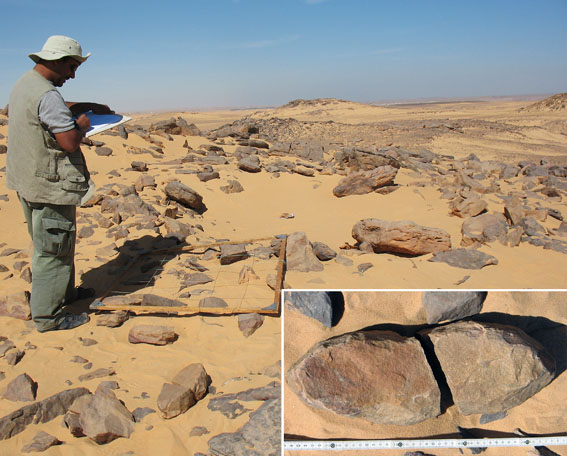 Survey of a probable Predynastic grinding stone quarry. Inserted a typical boat-shaped grinder