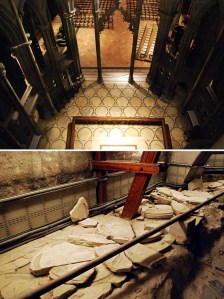 Marble floors in the octagon of Nidaros cathedral. The current floor is a reconstruction, but the old stones are stored on the gallery above