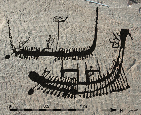 Late Predynastic rock-carved boats, one with a king standing on a platform