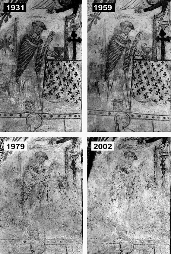 The weathering rate of medieval wall paintings at the church of Zell in Switzerland skyrocketed as indoor heating was installed in 1959. Historic photos by the Cantonal heritage authorities, Zurich