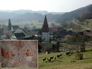 The medieval church of Zell with painted calcareous tuff in the ribbed vault of the tower's chapel