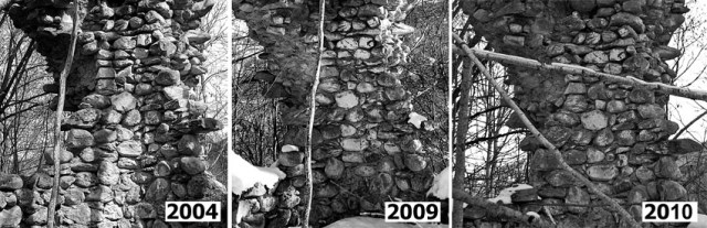 Monitoring of a part of ther masonry which shows small changes between 2004 and 2010