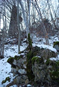 A masonry block fallen from the ruin with the leaning "Mauerzahn" in the background