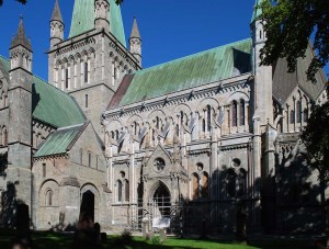 The south side of Nidaros Cathedral - the northernmost medieval cathedral in Europe. It is mainly built from soft metamorphic stone like soapstone and greenschist. The south side of Nidaros Cathedral - the northernmost medieval cathedral in Europe. It is mainly built from soft metamorphic stone like soapstone and greenschist.