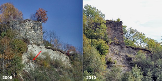 The west side of Cartatscha ruin in 2005 and 2010. A former protection measure (arrow) has disappeared