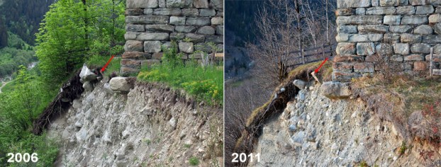 The southwest corner of Cartatscha in 2006 and 2011. Erosion is slow by steady...