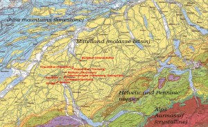 Geologic map of Switzerland with the Bernes sandstone quarries mentioned in the text. (Map 1:500.000, Institut für Geologie, Universität Bern/ Bundesamt für Wasser und Geologie) Geologic map of Switzerland with the Bernes sandstone quarries mentioned in the text. (Map 1:500.000, Institut für Geologie, Universität Bern/ Bundesamt für Wasser und Geologie)