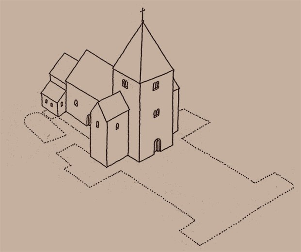 Slik kan Kristkirken i Nidaros ha sett ut omkring 1100 (rekonstruksjon av Øystein Ekroll og Karl-Fredrik Keller)