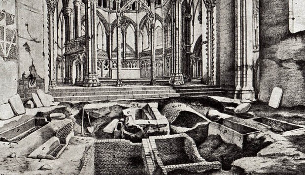 Arkeologisk utgravning i Nidarosdomens kor i 1866. Tegning av H. Jahn (arkivet til Nidaros domkirkes restaureringsarbeider, NDR)