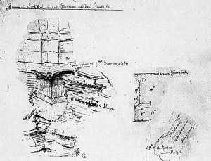 Sokkel til Kristkirken, under korbuen. Kilde: Skisse av Chr. Christie, se Fischer 1956, s. 25