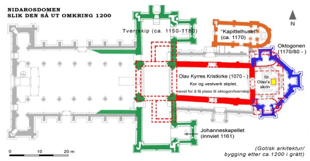 Plan av Kristkirken (rød) sett i forhold til hvordan Nidarosdomen kan ha sett ut omkring 1200. Sammenstilling av grunnplaner etter Fischer 1965