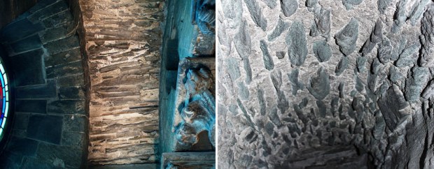 Hvelv i murganger i Nidarosdomens tverrskip. Venstre: Sandstein. Høyre: Grønnskifer. Fotos: Per Storemyr