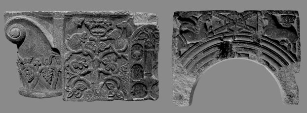 Tidlig-romanske relieffer fra Trondheim, omkring 1100, nå i Museet i Erkebispegården. Til venstre: kleberstein; til høyre: grønnskifer. Fotos: P.er Storemyr