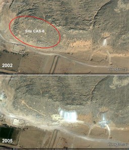 Until now the richest site of Late Palaeolithic rock art in Subeira, CAS-6 was subject to a failed attempt at clay mining between 2002 and 2005, before it was discovered in 2006. Note the road up the hillside. Google Earth imagery. Until now the richest site of Late Palaeolithic rock art in Subeira, CAS-6 was subject to a failed attempt at clay mining between 2002 and 2005, before it was discovered in 2006. Note the road up the hillside. Google Earth imagery.