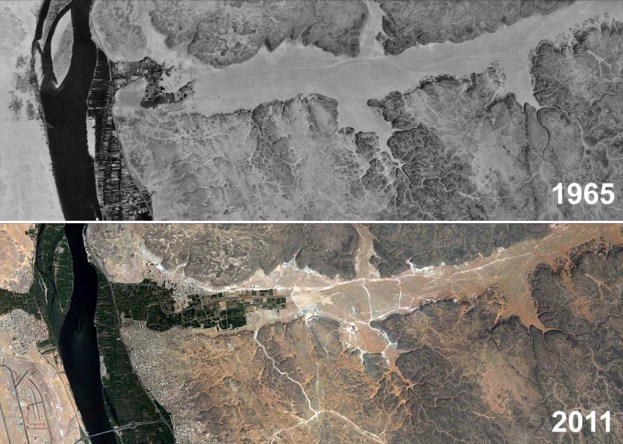 The lowermost 10 km of Wadi Abu Subeira in 1965 (Corona satellite image) and in 2011 (Google Earth). Note the development of agriculture and clay mining (tracks and mines show up as light lines and spots). The lowermost 10 km of Wadi Abu Subeira in 1965 (Corona satellite image) and in 2011 (Google Earth). Note the development of agriculture and clay mining (tracks and mines show up as light lines and spots).