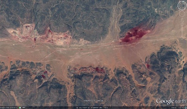 These are the greatly expanding iron mineral (hematite) mines in Wadi Abu Subeira. Source: Google Earth (2011) These are the greatly expanding iron mineral (hematite) mines in Wadi Abu Subeira. Source: Google Earth (2011)