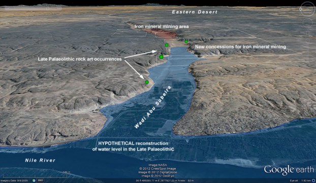 This is how Wadi Abu Subeira may have looked like at the time of the making of the Late Palaeolithic rock art, some 15-20.000 years ago. Hypothetical reconstruction by Per Storemyr based on information on rock art locations from Adel Kelany and on the general knowledge of the geomorphology in the area, provided in Wendorf & Schild (1989). Only field studies can confirm the hypothesis.