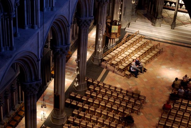 Restored floor of the choir at Nidaros Cathedral. The black slate between the pillars was provided from "Sorte Skifer" in the late 19th century, whereas the reddish stone is the famous marble from the Fauske quarries in Northern Norway. Photo: Per Storemyr