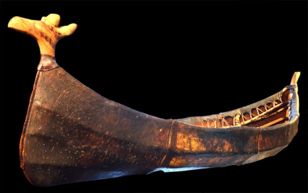 Reconstructed Stone Age skin boat with elk-headed prow in the Alta Museum. Digitally enhanced photo: Per Storemyr