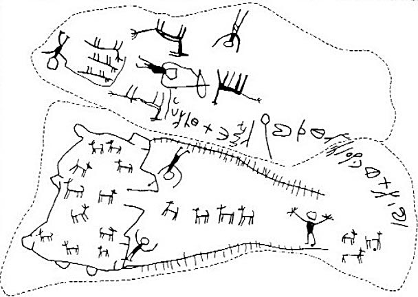 A rock art hunting scene from Jordan, c. 2000 years old. Gazelle is being driven along leading lines into the central corral. Such a construction is popularly called "desert kite". Picture from the Megalithic portal, originally recorded by G.L. Harding (The Cairn of Hani, Antiquity 28, 1954: 165-7).