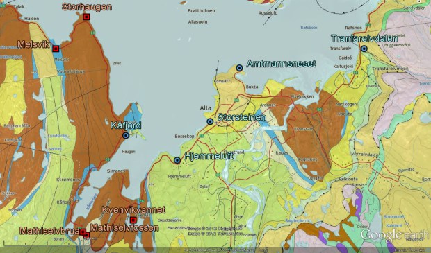 Geological map of the Alta region (from http://geo.ngu.no/kart/berggrunn), with chert quarries (red) and rock art sites (blue). The most important geological formations are; in light green - metagreywacke/metasandsandstone; in brown - metabasalt and tuff; in blue - dolomite with occasional chert. Map by Per Storemyr, using Google Earth