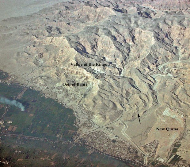 I once flew over Luxor and Thebes on a clear day... This is the location of the Wadi el-Muluk quarry (arrow). Photo: Per Storemyr