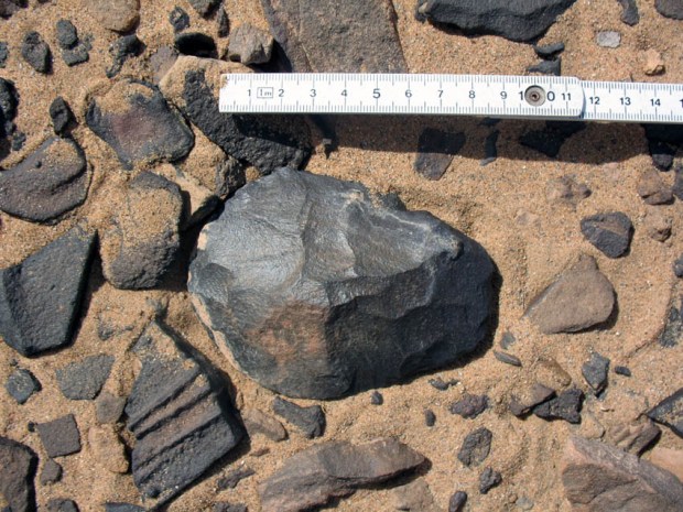 A biface (hand axe) spotted in the Wadi Beiza Palaeolithic quarries. Photo: Per Storemyr