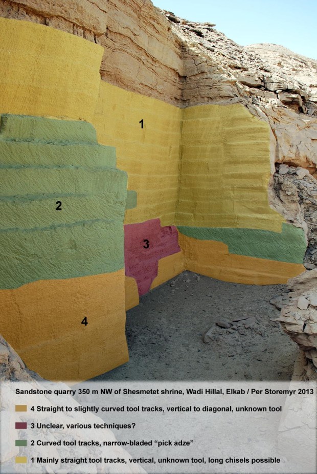 Preliminary map of the quarry by Shesmetet temple, showing the various tool marks that can be seen at the quarry walls. Map: Per Storemyr