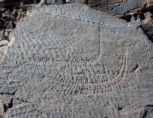 Exceptional rock art at Gharb Aswan: On the upper boat is the earliest depiction of a king in Ancient Egypt (Dynasty 0). Photo: Per Storemyr