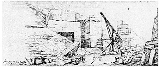 Sketch of the Wabern quarry by 1854, by J.E. von Deschwanden: Source: Labhart 2006