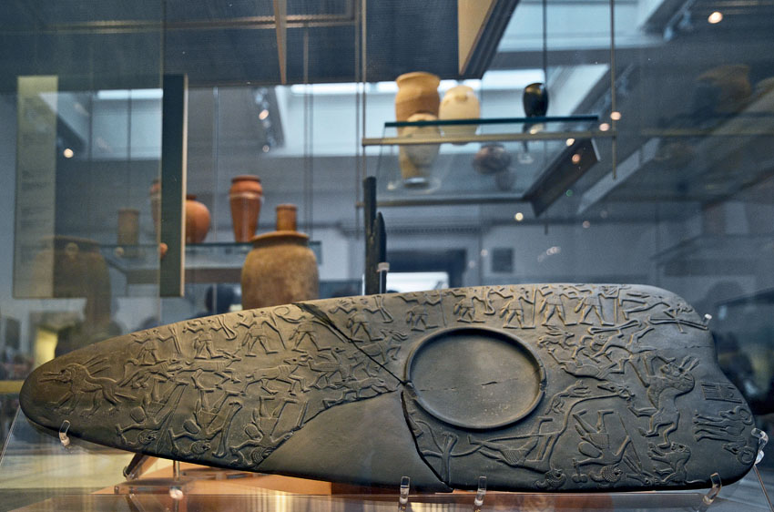 Egypt, or rather the British Museum. The famous "Hunters' Palette" from the Late Predynastic period, late fourth millennium BC. It is made from the schist/greywacke quarries in Wadi Hammamat, a place that I tend to take an interest in at the moment. Photo: Per Storemyr.