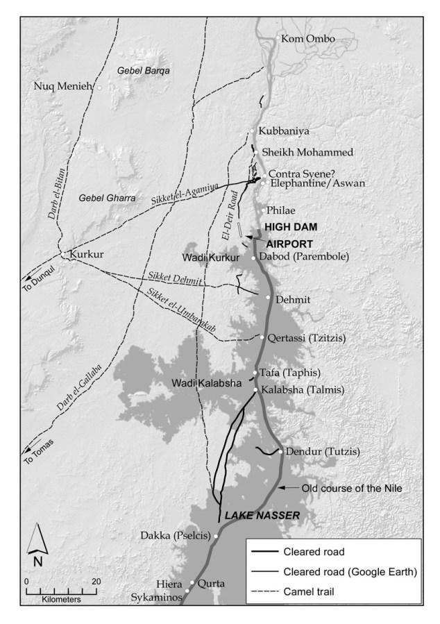 Map of desert roads and trails on the west bank of the Nile in the first cataract region and beyond. The cleared roads are verified in the field, or located with the aid of Google Earth. Sections between Kalabsha and Dakka have been reproduced from Hester et al. (1970: fig. 1). The location of selected routes of camel caravan trails is approximate and based on Survey of Egypt (1949) and Army Map Service (1959). Map: Per Storemyr