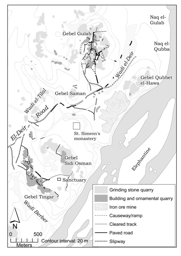 Map based on QuarryScapes survey of quarry roads at West Aswan. Note that roads are drawn with double lines (to indicate width), whereas they are shown with single lines in the legend. Map: Tom Heldal/Per Storemyr