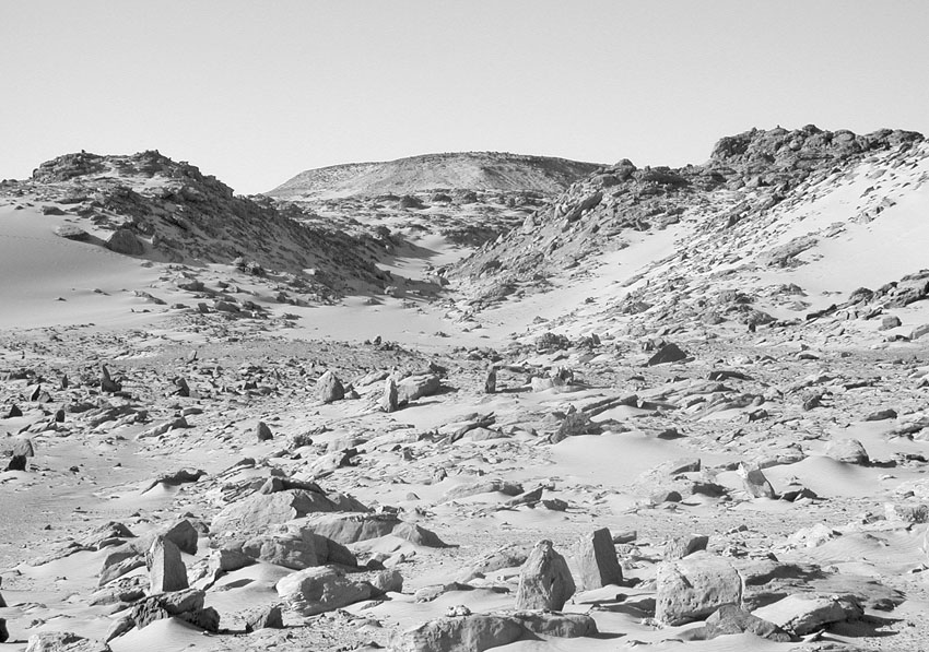 Part of a large field of upright stones in a side wadi to Wadi el-Tilal, about one km north of St. Simeon's monastery, looking north. On the hill to the right is a possible Early Christian hermitage. Photo: Per Storemyr