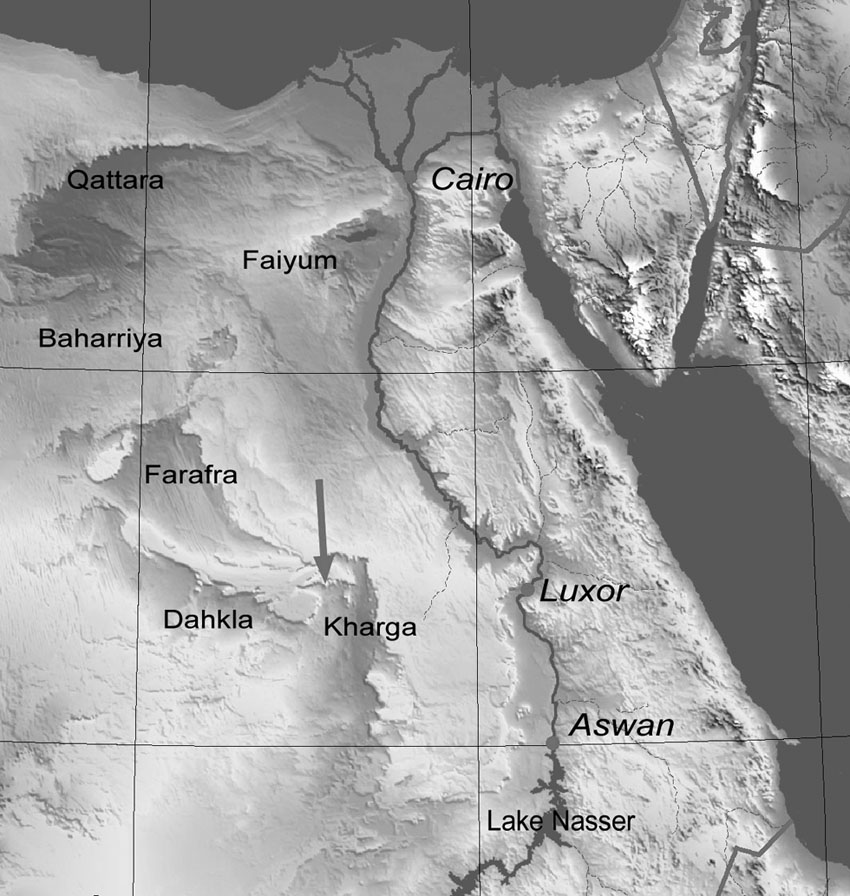 Location of the Kharga oasis and the grinding stone quarry (arrow). Map of Egypt modified from Wikimedia Commons http://commons.wikimedia.org/wiki/File:Egypt_Topography.png).