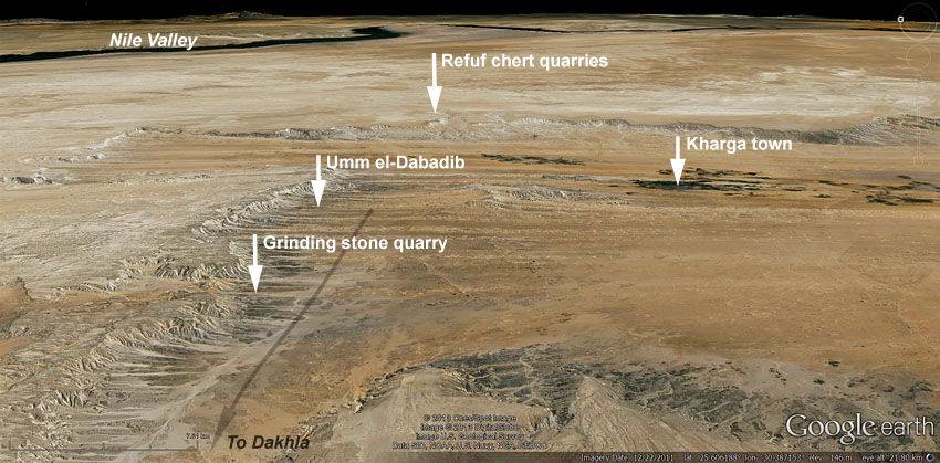 Satellite image showing important places mentioned in the text. This is a strongly tilted view, looking east, the scale only applicable to areas in the lower part of the image. Long arrow indicates the location of a main desert route, the Darb Ain Amur. Image modified from Google Earth.