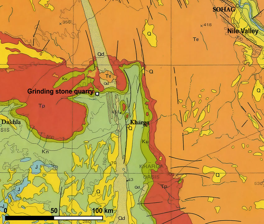 Simplified geological map of the Kharga depression. Modified map from the Egyptian Geological Survey and Mining Authorities (1981)