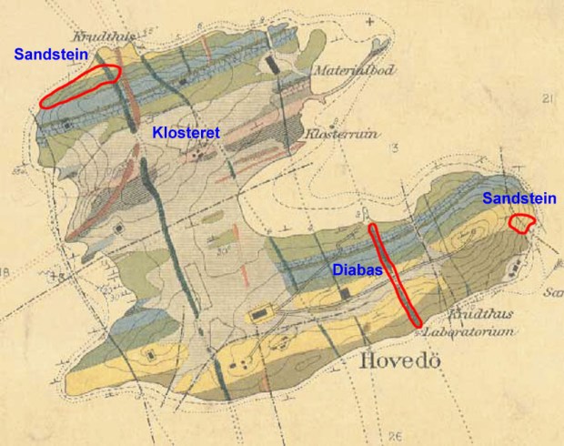 Det er flere titalls steinbrudd på Hovedøya. Her er bare de tre største inntegnet - med det gamle geologiske kartet til Brøgger som bakgrunn.
