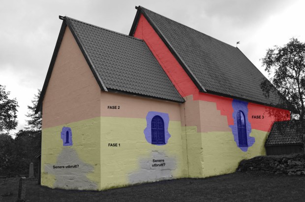 Rekonstruksjon/tolkning av Gildeskål kirkes middelalderske byggefaser. Ill: Per Storemyr