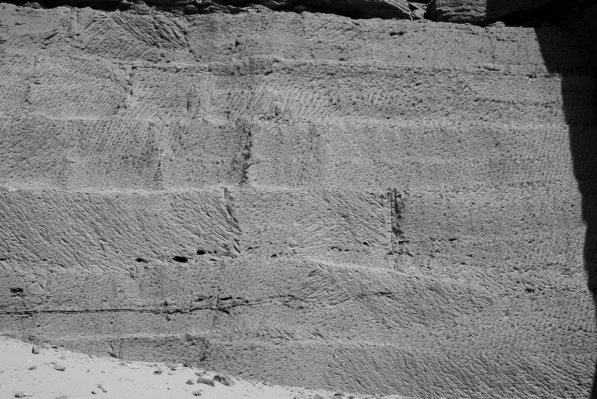 Tool marks in the New Kingdom part of the Nag el-Hammam sandstone quarry near Gebel el-Silsila. Photo by JAMES HARRELL.