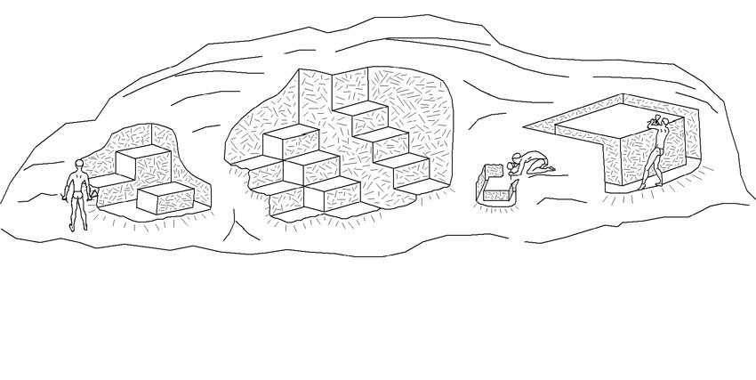 Characteristics of small-scale quarrying by single-block extraction typical of the Middle Kingdom and earlier. Drawing by JAMES HARRELL.