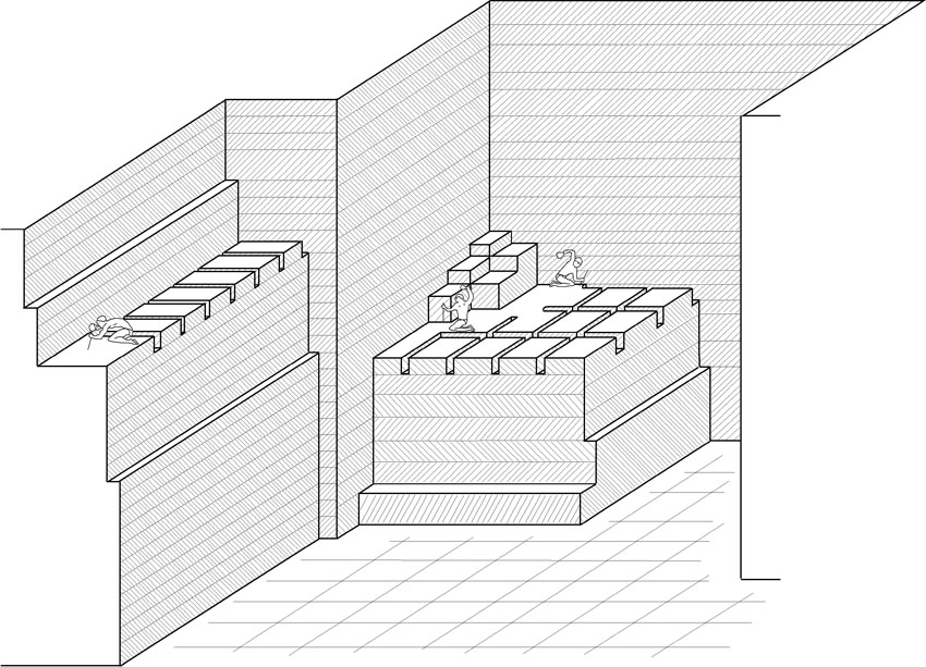 Characteristics of large-scale quarrying by multiple-block extraction on descending platforms typical of the New Kingdom and later. Drawing by JAMES HARRELL.