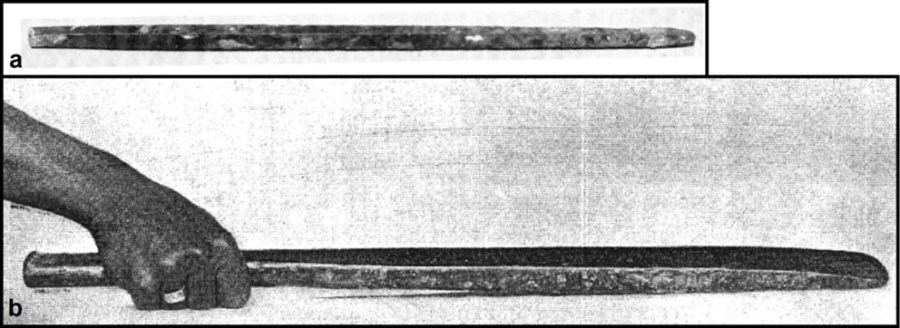 (a) Bronze chisel of the 19th or 21st Dynasty. From the el-Dibabiya limestone quarry near el-Gebelein and now in the Egyptian Museum, Cairo (JE 31318; length 52 cm; photo adapted from CLARKE and ENGELBACH 1930, fig. 263). (b) Bronze chisel of the 18th Dynasty, reign of Akhenaten/Amenhotep IV. From Tell el-Amarna and now in the Egyptian Museum, Cairo (JE 64979; length 67.2 cm; photo from PENDLEBURY 1951 - vol. 2, pl. 74). The chisels are shown at their correct relative sizes.