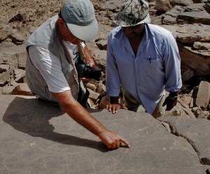 Adel Kelany (right) and Dirk Huyge discussing the rock art in Wadi Abu Subeira. They are slightly competing now: Who finds the most Palaeolithic rock art? Adel at Subeira and Saghira? Or Dirk at Qurta and el-Hosh? Photo by Per Storemyr