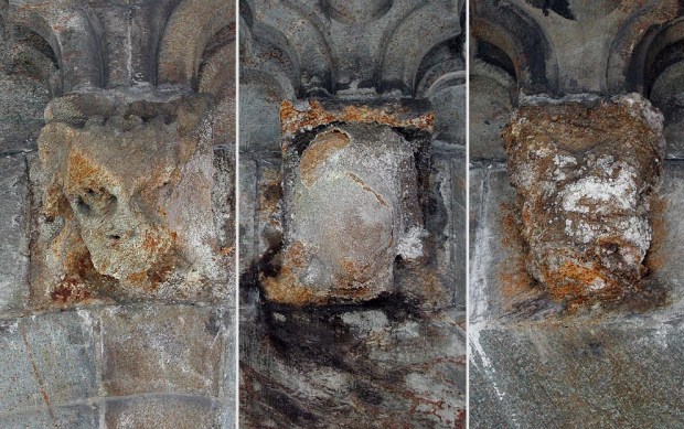 Naturlig forvitring av sulfidrik kleberstein fra Grydal i Gauldalen. Disse konsollhodene ble satt opp på Nidarosdomen på slutten av 1880-tallet og var for litt siden bare en skygge av seg selv - av helt naturlige årsaker. Nå er de byttet ut med nye hoder. Foto: Per Storemyr