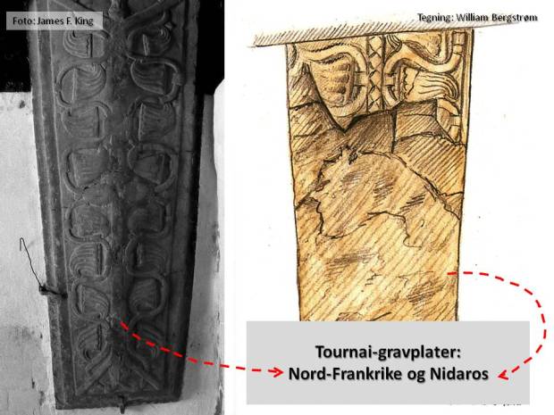 Gravplater i Tournai-marmor fra Nord-Frankrike - og fra Nidarosdomen, omkring midten av 1100-tallet.
